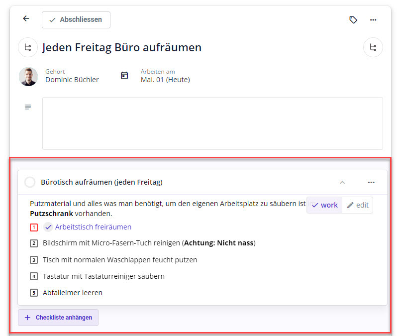 Checklisten in Aufgaben verwenden